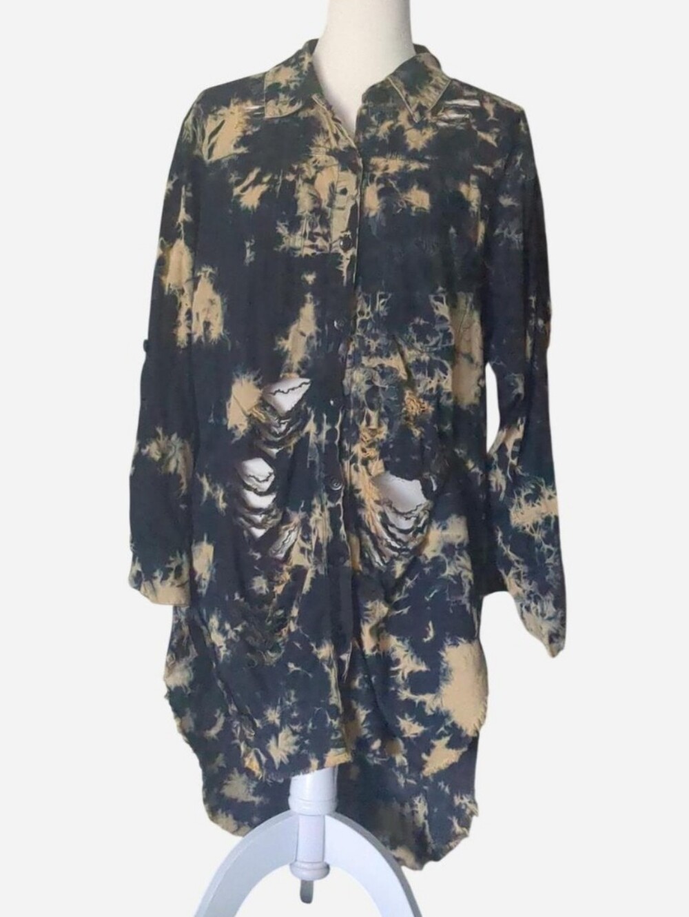 Thrill Jeans Distressed Tie Dye Shirt Dress Bleach Wash High Low Shacket 1X